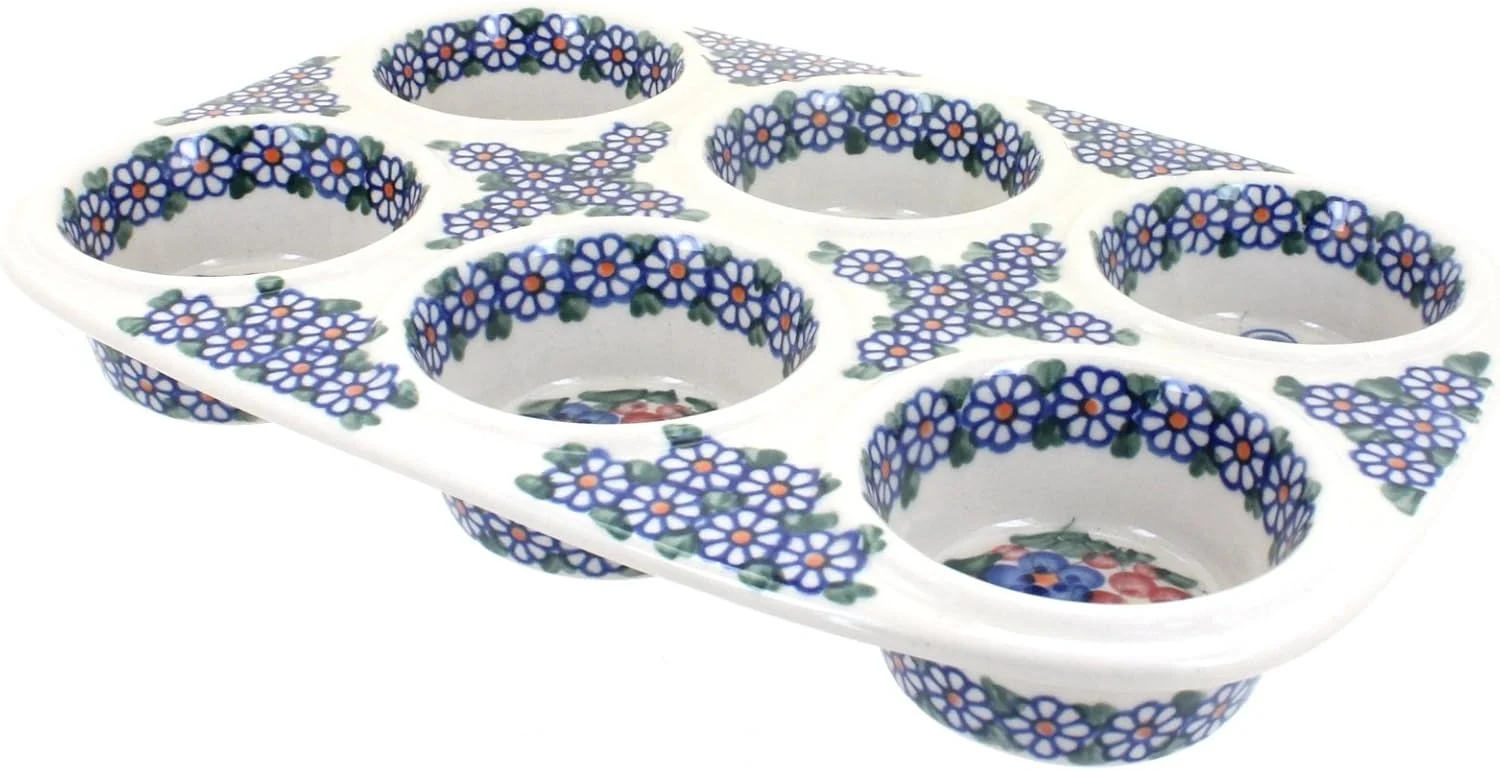 Environmentally Friendly Blue Rose Polish Pottery - Blue Garden Butterfly Muffin Pan - 12 x 8 - Ceramic Baking Dish 6-Cup Muffin Cupcake Pan Reliable