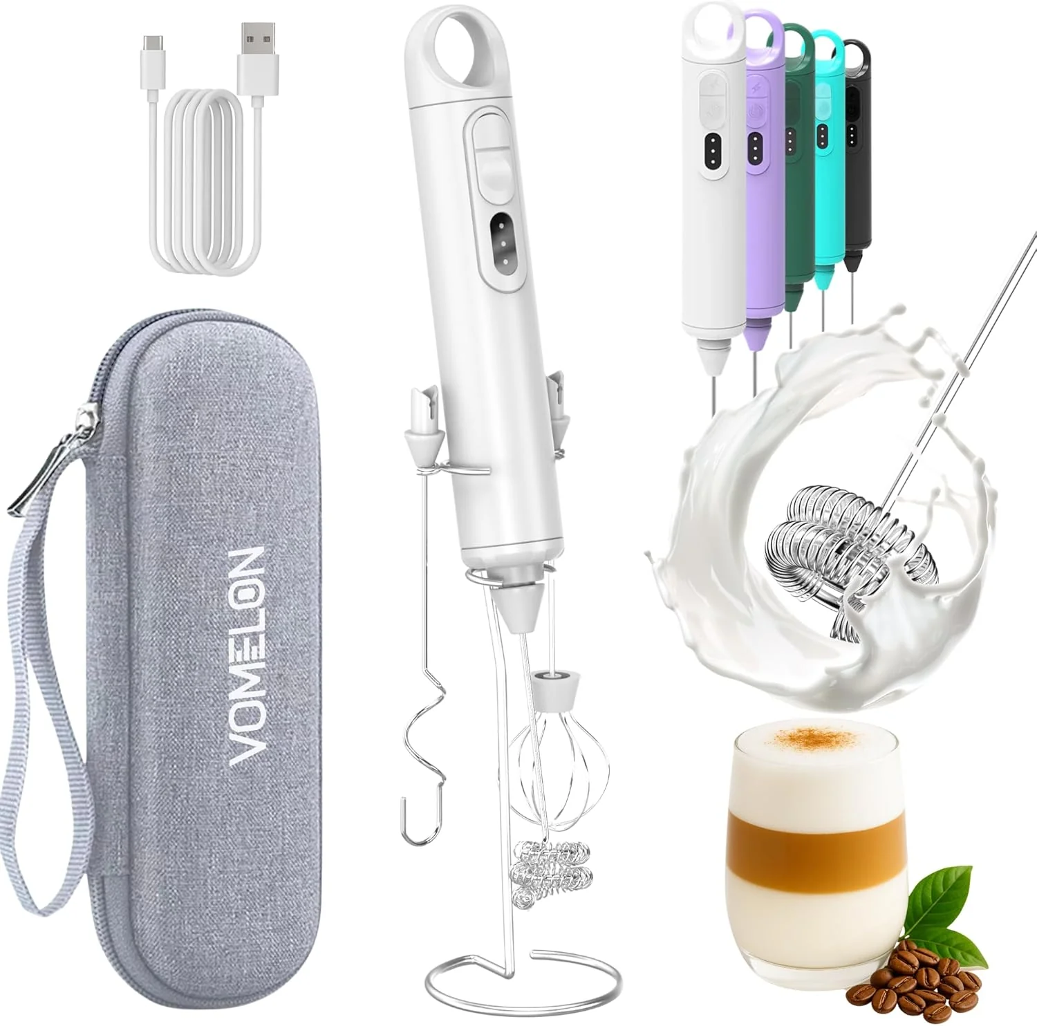 Safe Rechargeable Milk Frother Handheld 3 Speed Coffee Foamer 3 Whisk Electric Drink Mixer for Latte Cappuccino Coffee Eggs Hot Chocolate White High-Grade