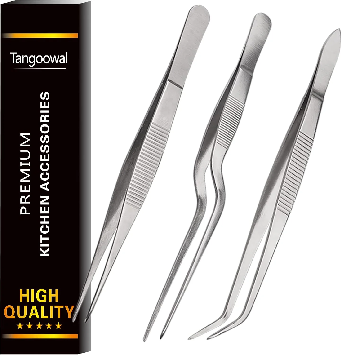 Dependable Kitchen Cooking Tweezers Culinary 3 Piece Set Stainless Steel Tweezer Precision Tongs Offset Tip for Cooking Food Design styling 6.3-Inch Elegant