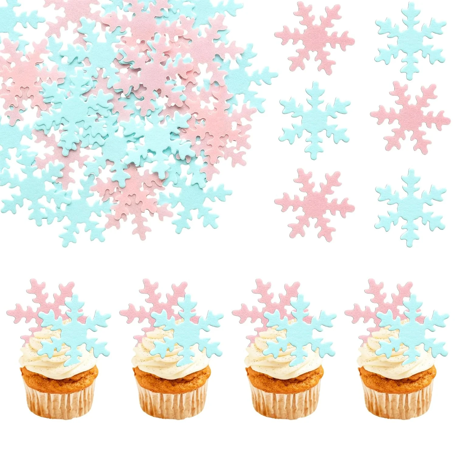 Green Gyufise 50Pcs Pink Edible Cupcake Cake Toppers Snowflake Cake Decorations for Christmas Winter Frozen Theme Party Supply Decoration Blue Pink Flexible