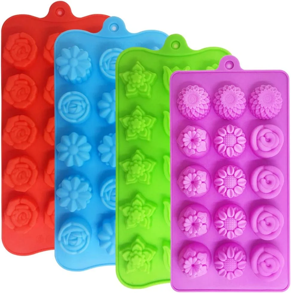 Relaxed 4 Pack Flower Shape Chocolate Candy Molds Set DanziX Silicone 15 Cavity Baking Mold Ice Cube Tray for Wedding Festival Parties and DIY Crafts-Green Natural