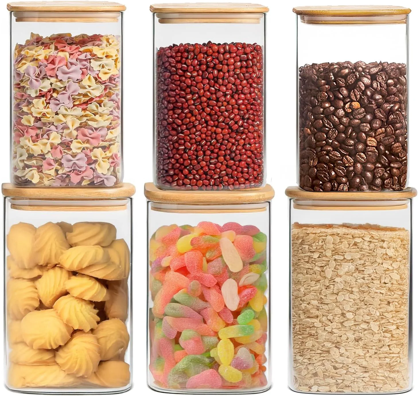 Elite 6 Pack Glass Food Storage Jars with Airtight Lids Clear Glass Jar with Bamboo Lid Airtight Food Canister for Tea Candy Coffee Sugar Cookie Snack. Square 5 6 Inch SET of 3 Practical