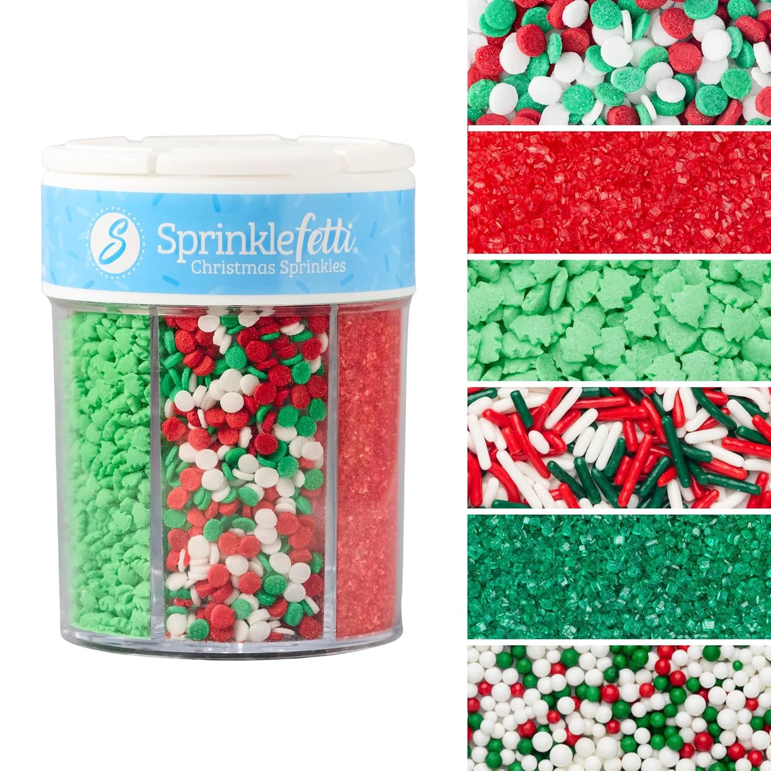 Powerful Sweets Indeed Christmas Sprinkles Mix – 6-Cell Holiday Assortment 6.45 oz Edible Jimmies Nonpareils amp Sugar Pearls for Decorating Christmas Cookies Cupcakes Cakes amp Holiday Desserts Fine Crafted