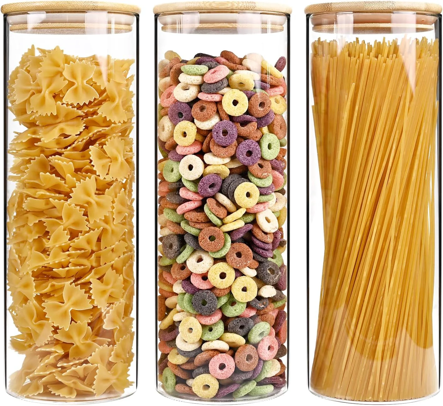 Top-Quality SHOWIN 73oz Glass Pasta Storage Jars Tall Glass Jars with Bamboo Lids Spaghetti Container Set of 3 Kitchen Storage Containers for Pasta Pantry Organizers Relaxed