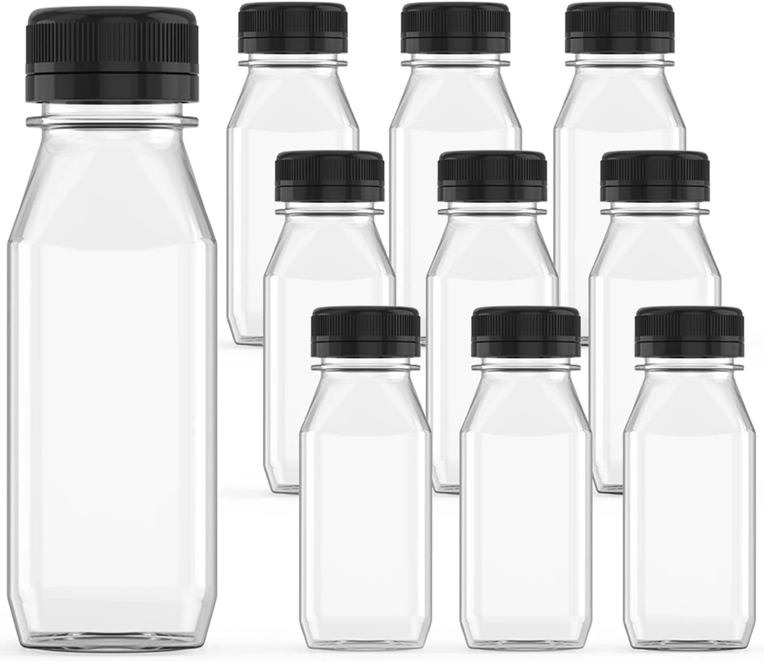 Verified 3 Pcs 8 oz Plastic Juice Bottle Reusable Transparent Bulk Beverage Containers with Black Lids for Juice Drinking Milkshake Tea Milk Smooth