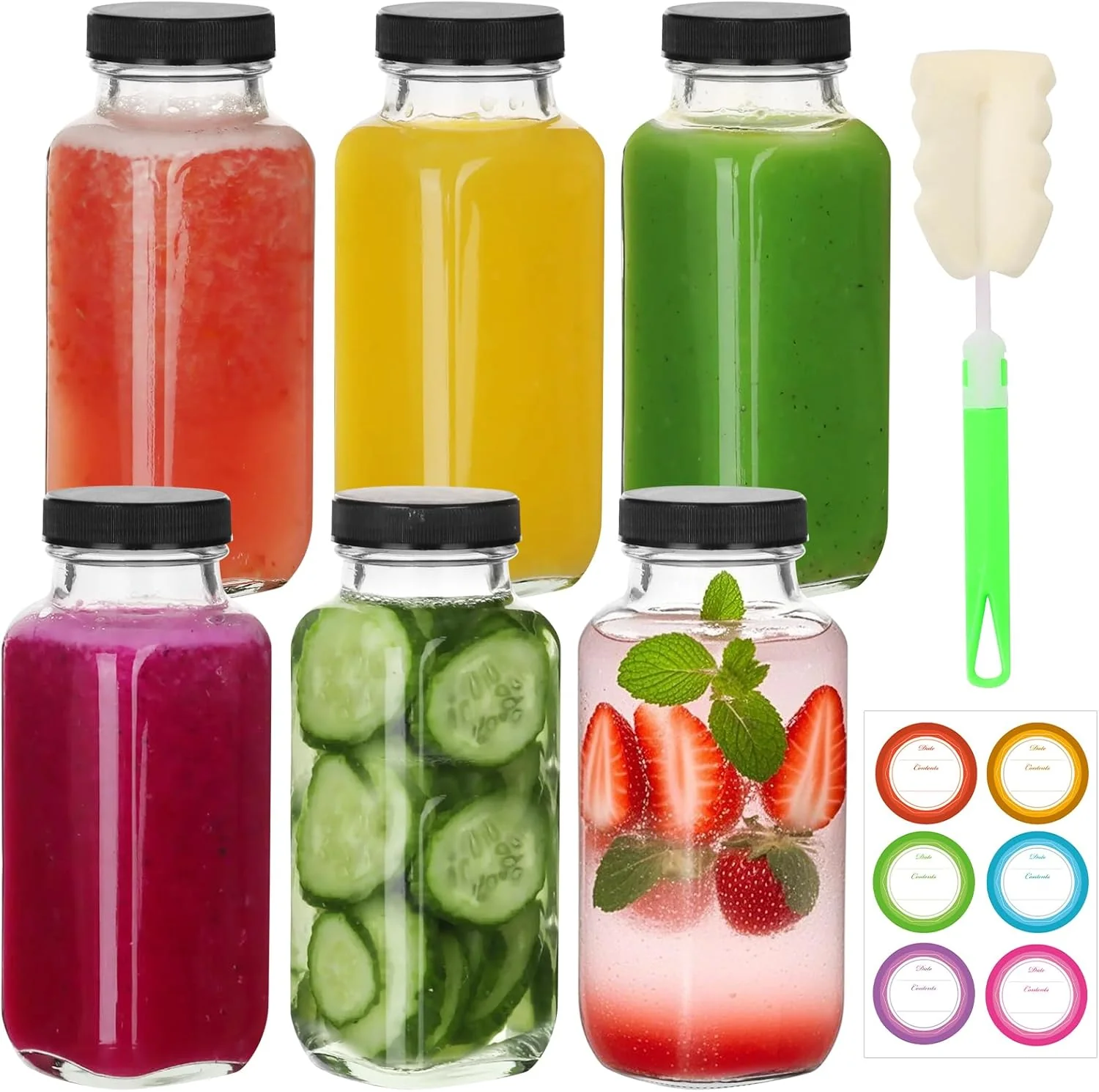 Safe Bigivaca 8 oz Glass Juice Bottles with Lids 6 Pack Bottles for Juicing Square Drinking Jars Glass for Coffee Cola Milk Tea in Travel Work School High-Quality