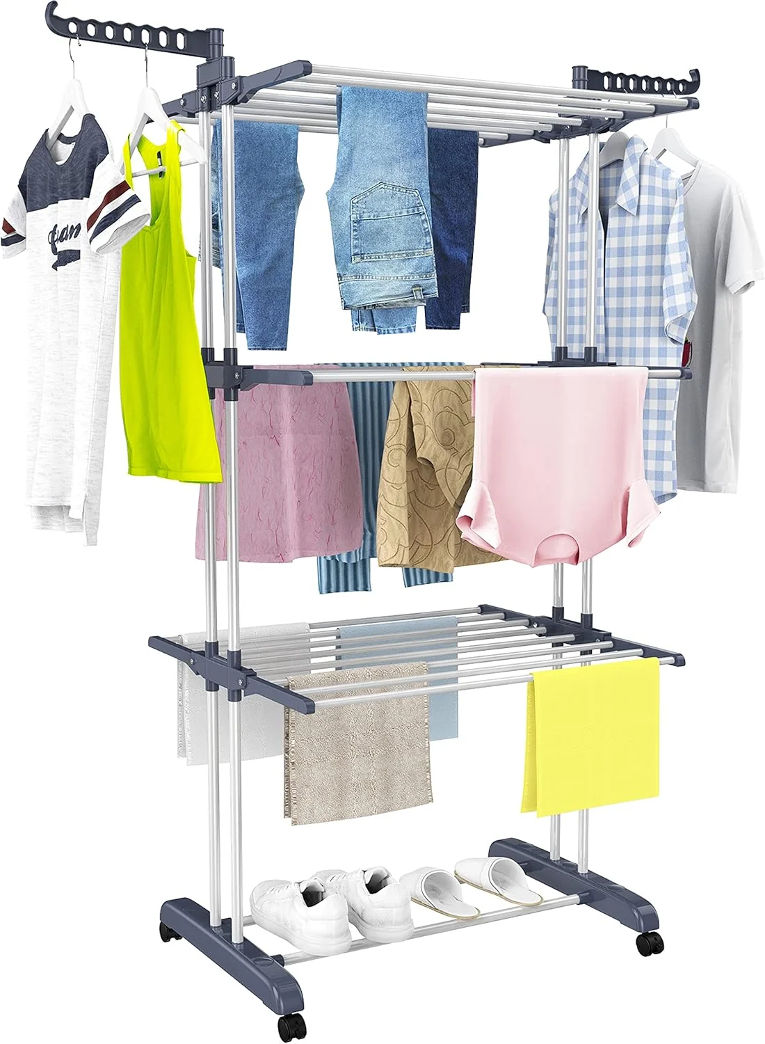 Top-Quality Homidec Clothes Drying Rack Oversized 4-Tier 67.7 High Foldable Stainless Steel Drying Rack Clothing Movable Drying Rack with 4 castors Elegant