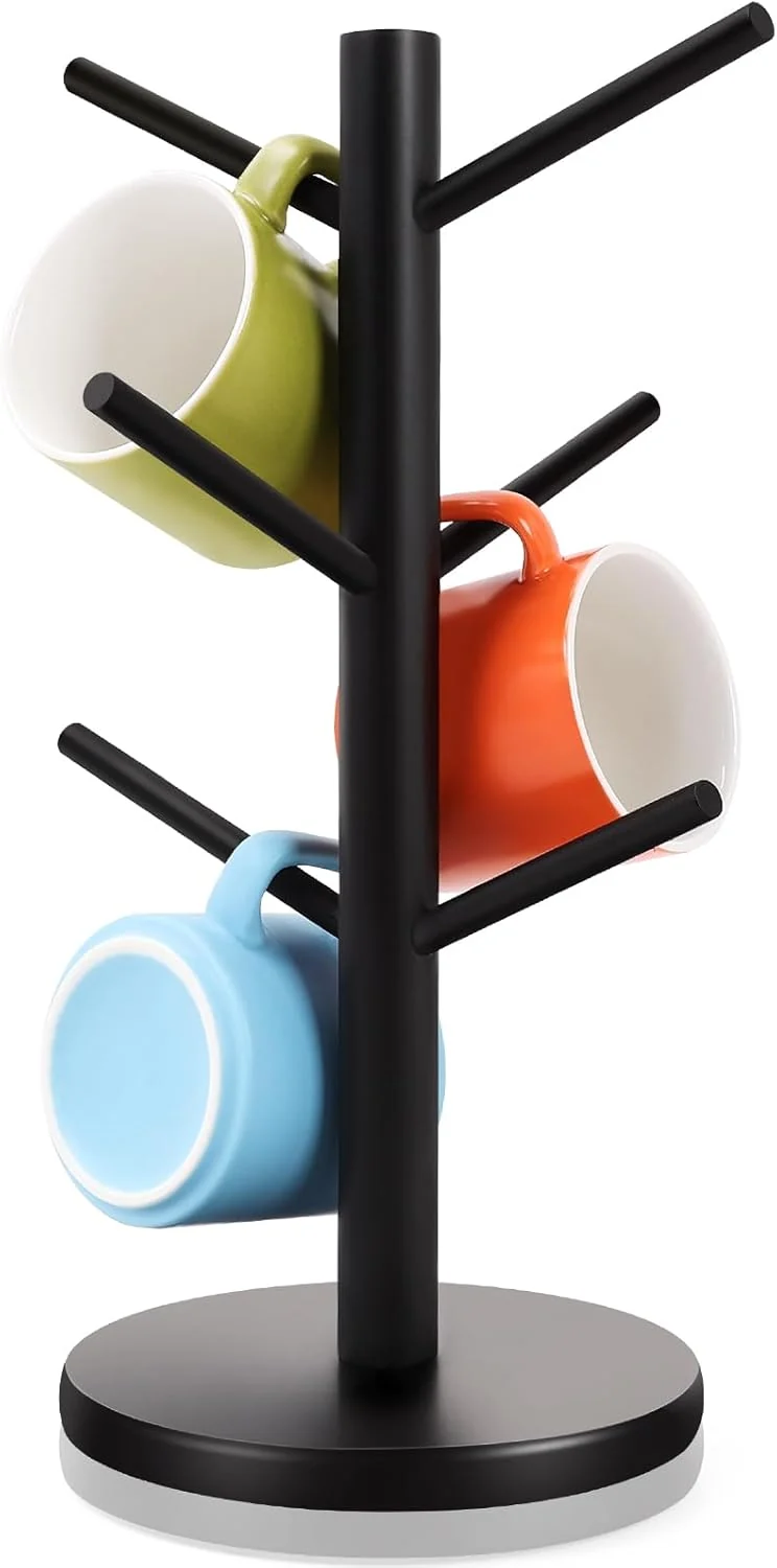Reusable Mug Holder Tree Thicker Base Coffee Cup Holder for Countertop Sturdy Wood Coffee Mug Hanger with 6 Hooks Soft