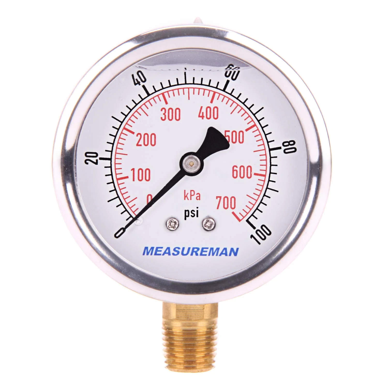 Proven MEASUREMAN Pressure Gauge 1 4 NPT 0-100psi kPa Glycerin Filled Pressure Gauge with 2.5 Inch Dial Size and 304 Stainless Steel Case 0-100 psi Lower Mount Premium Material