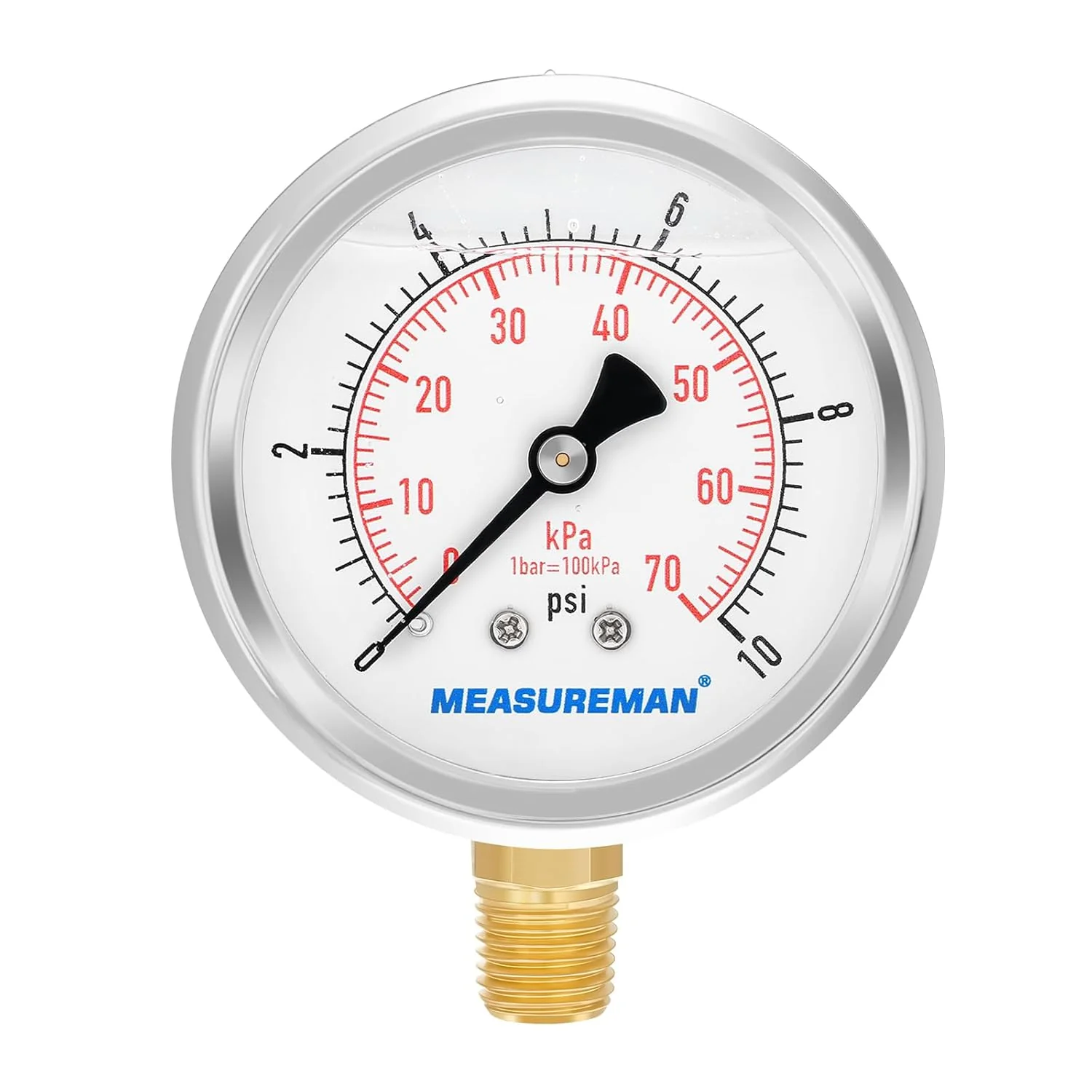 Convenient Measureman 2-1 2 dial Glycerin Filled Stainless Steel case Brass Inside 0-10psi kpa 1 4 NPT Lower Mount Enhanced