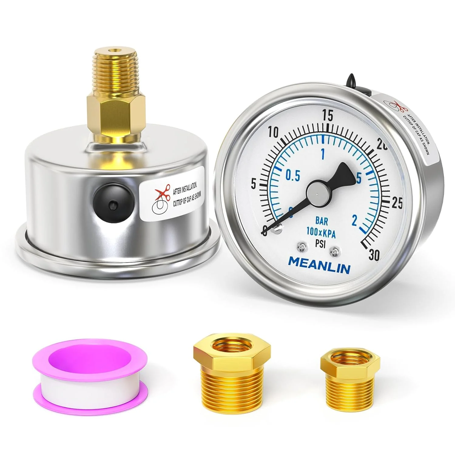 Environmentally Friendly MEANLIN MEASURE 0 30Psi Dry Low Pressure Gauge Stainless Steel 1 4 NPT 2 FACE DIAL Waterproof for Pool Sand Filter Water Oil Air Pressure Test Back Mount with 1 2 NPT and 3 8 NPT Hex Bushing Eco-Friendly