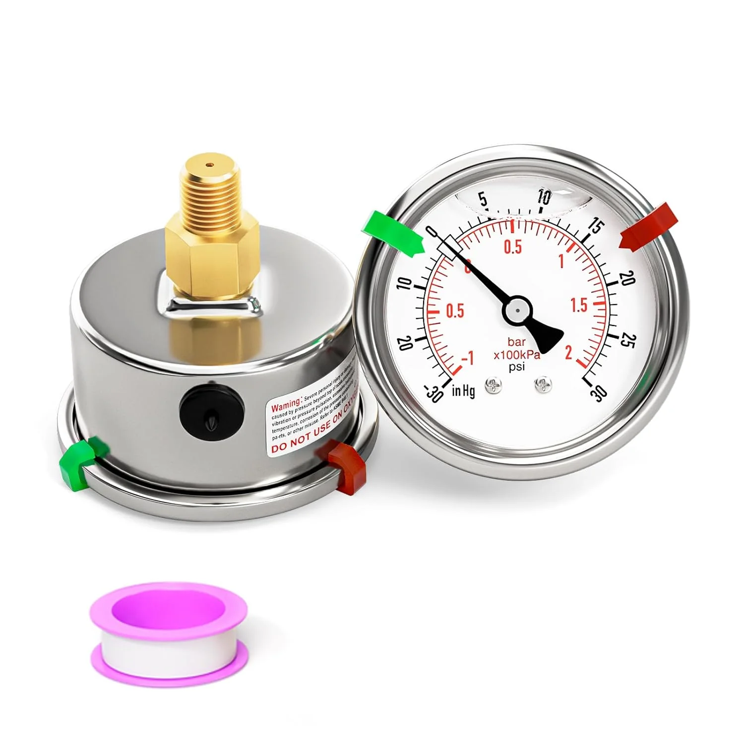 Reliable 30inHG-30PSI Stainless Steel Liquid Filled Pressure Gauge 2.5 Dial Size 1 8 NPT Back Mount for Tube Water Pump Gas Liquid Responsible
