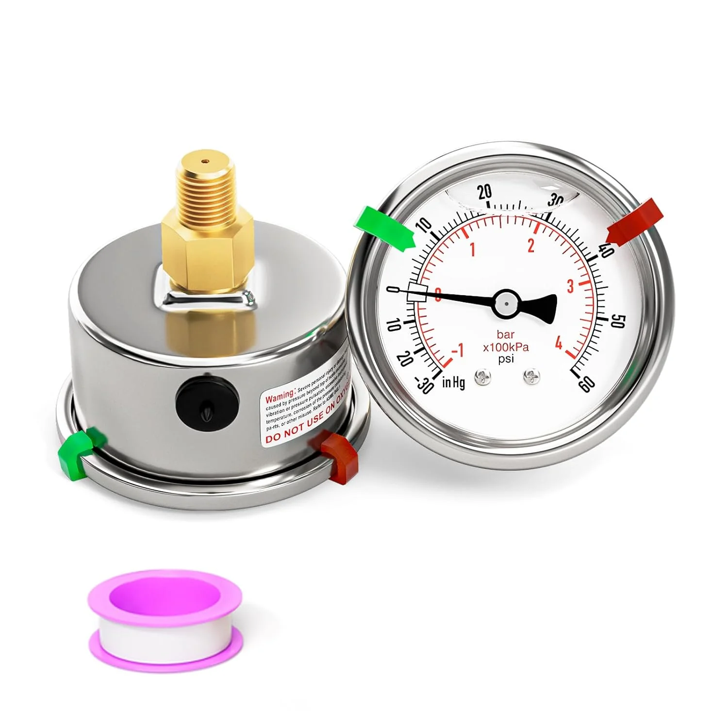 Modern 30inHG-60PSI Stainless Steel Liquid Filled Pressure Gauge 2.5 Dial Size 1 8 NPT Back Mount for Tube Water Pump Gas Liquid Contemporary