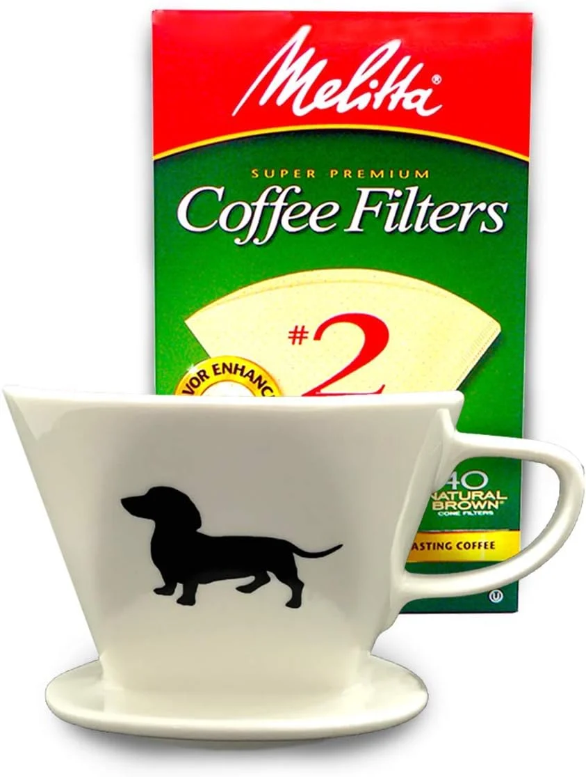Official Simply Charmed Dachshund Ceramic Coffee Pour Over or Dripper with Full Box of 40 Melitta Brown Size 2 Filters Original