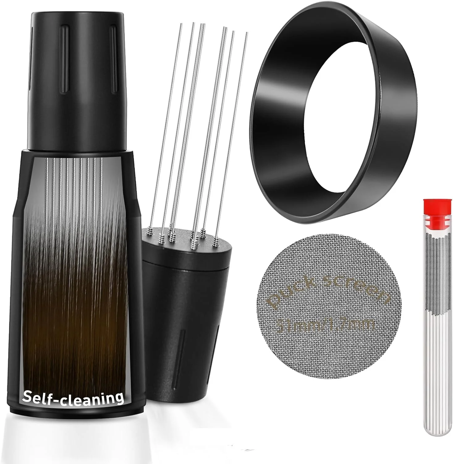 Expertly Made WDT Tool Espresso Distributor Accessory kit amp 1.7mm Thickness 150μm Mesh Puck Screen amp 8 Magnets dosing ring Compatible with Portafilter WDT 51MM Black dosing ring amp puck screen Contemporary