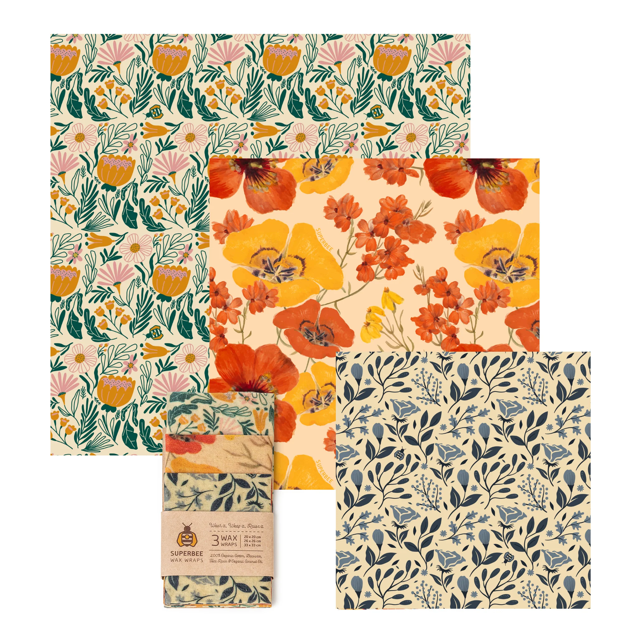 Flexible SuperBee Essentials Beeswax Wraps – 3-Pack Reusable Food Wraps Floral Prints Top-Quality