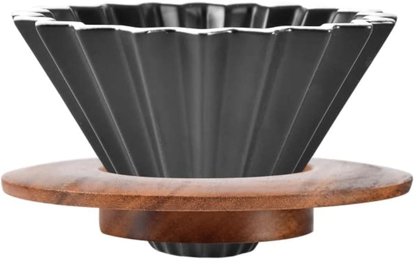 Stylish Ceramic Coffee Dripper Pour Over Coffee Maker with Wood Stand Elegant Flower Shape V60 Filter black Flexible