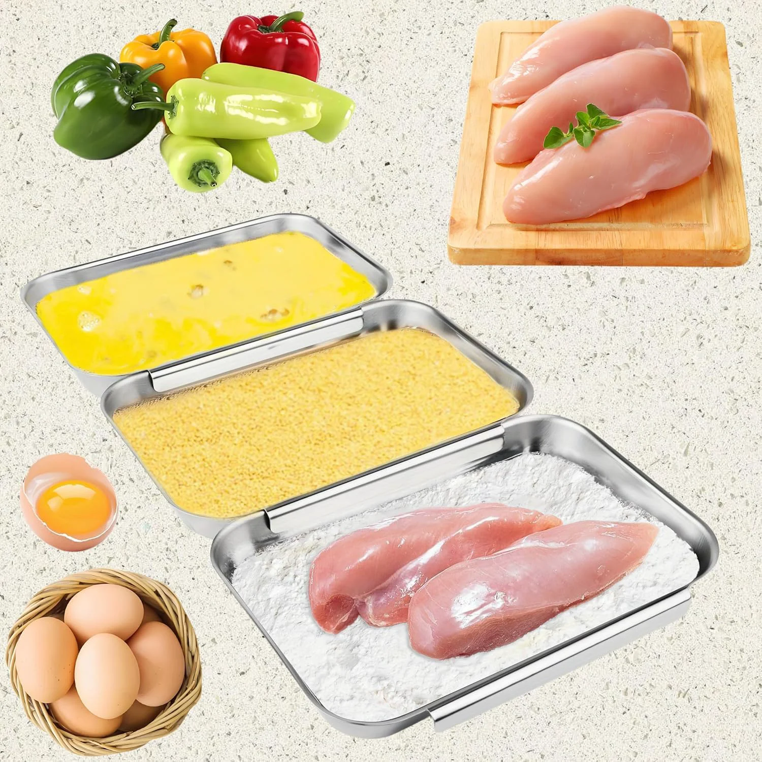 Authentic 3-Piece Stainless Steel Breading Set – Interlocking Coating Trays for Chicken Fish Meat Non-Slip Dishwasher Safe Oven Safe Stackable Space-Saving Design for Flour Egg M-8.6 x 5.8 Carefully Designed