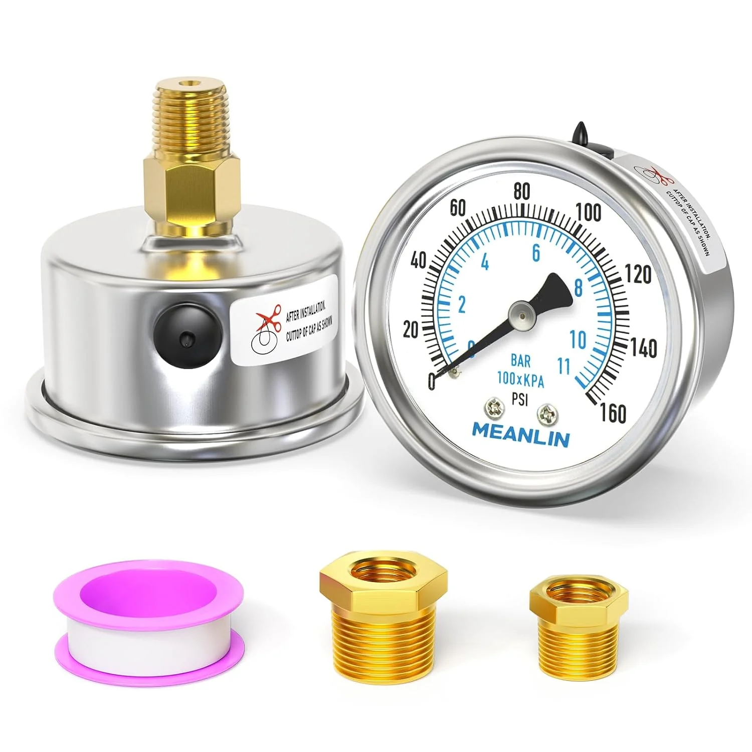 Advanced MEANLIN MEASURE 0 160Psi Dry Pressure Gauge Stainless Steel 1 4 NPT 2 FACE DIAL Waterproof for Air Compressor RV Regulator Water Pressure Tester Black Mount with 1 2 NPT and 3 8 NPT Hex Bushing Pure