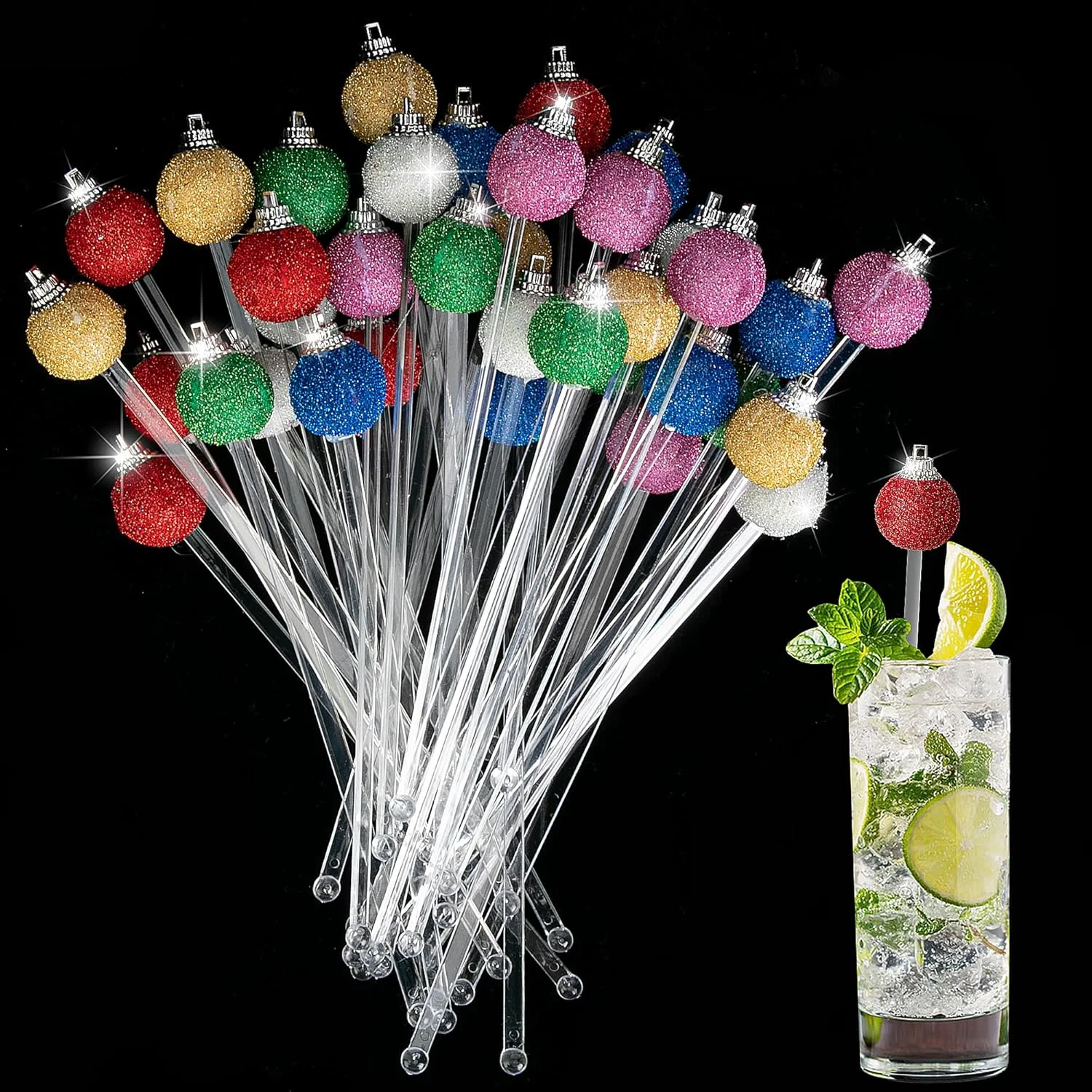 Elite Iceyyyy 36 Pcs Christmas Glitter Ball Drink Stirrers-Reusable Round Top Christmas Stir Sticks-Colorful Swizzle Sticks for Home Holiday Cocktails Powerful
