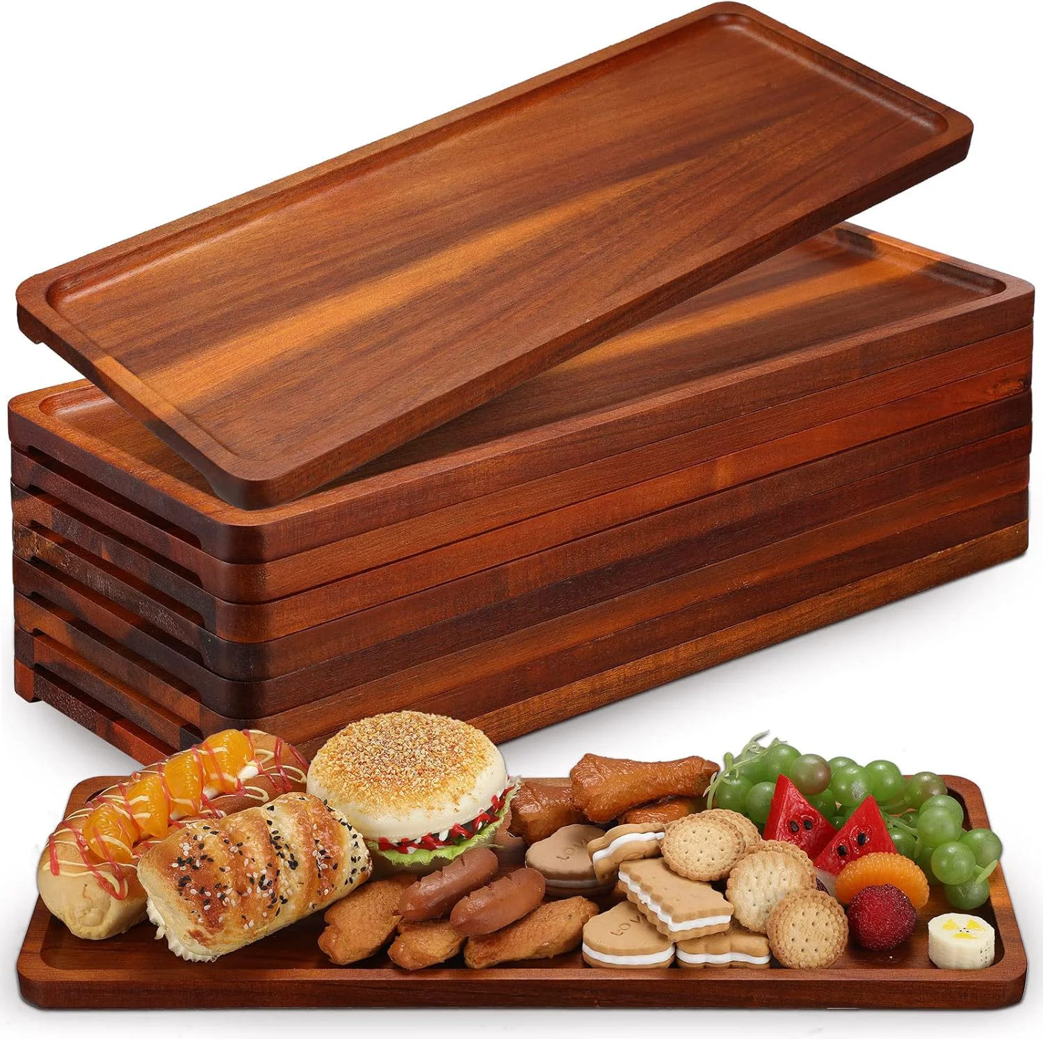 Crafted 10 Pack Solid Wood Serving Trays 16.7 x 6.4 Inch Acacia Wooden Server Platter Rectangular Charcuterie Boards with Grooved Handle for Home Room Coffee Verified