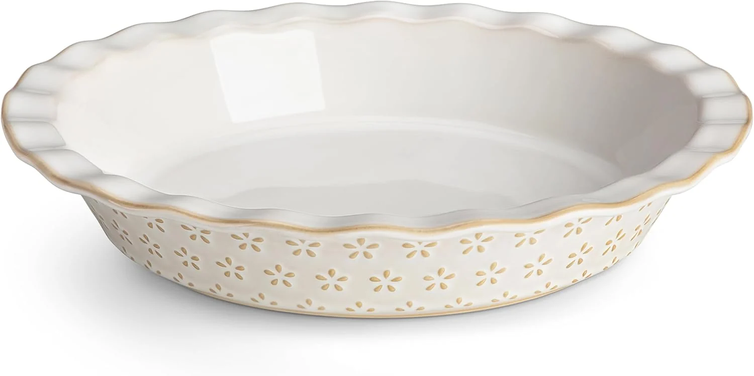 Elite MALACASA Ceramic Pie Pan 9 Inch Pie Dish Embossed Quiche Baking Dish Breathable