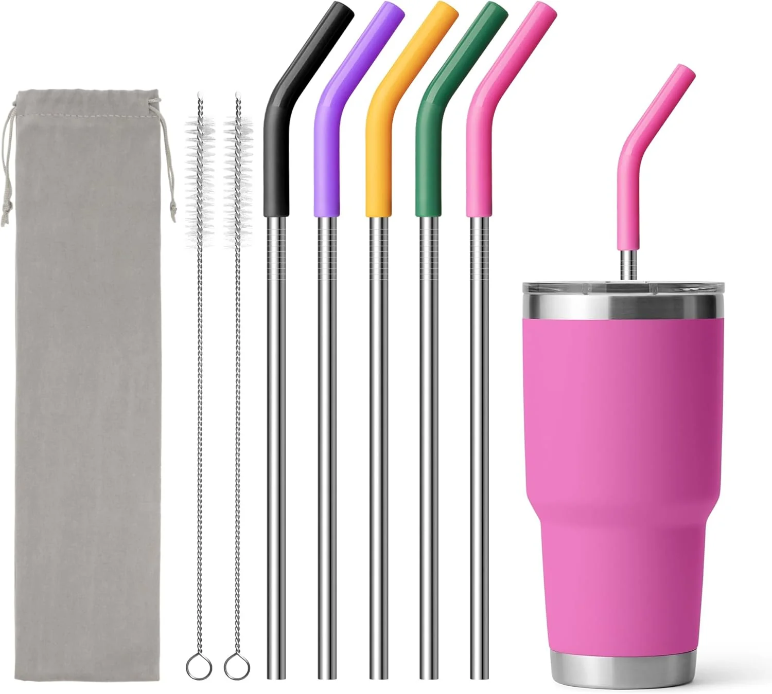 Professional 30 oz Straw for Yeti Tumbler Metal Straight Straws Reusable with Silicone Tip for Bjpkpk Rtic Wetoweto Beast 30 oz Tumbler Cleaning Brush Natural