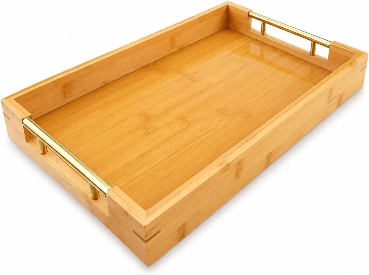 First-Class Bamboo Serving Tray Wooden Tray with Gold Handles 15L x10W x2H in Deep Serving Tray Decorative Tray Rectangular Wood Tray Coffee Table Tray for Ottoman Kitchen Bedroom Lap amp Couch Smooth