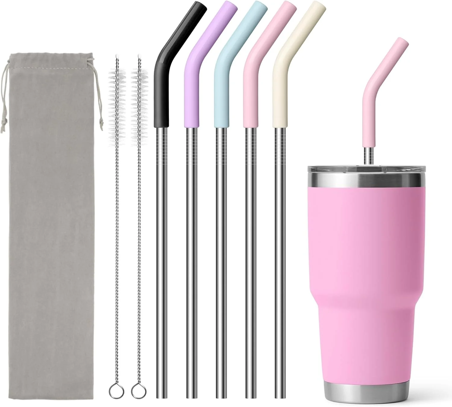 Selected Metal Straws Reusable for Yeti 30 oz Tumbler 9.5 Stainless Steel Drinking Straws with Silicone Tip for 30 oz Cup Tumbler Cleaning Brush