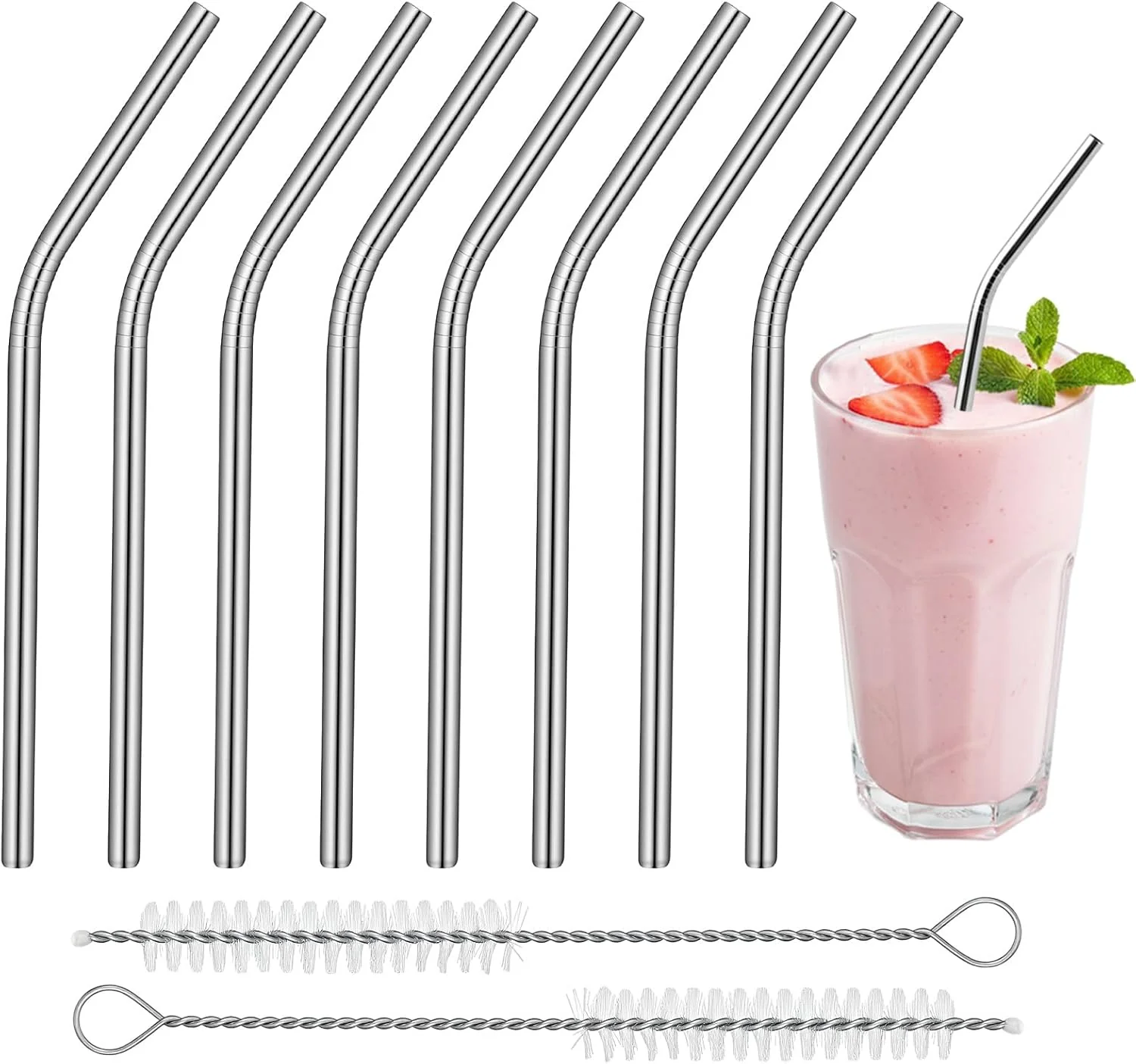 Next-Generation 8 Pack 6 Inch Short Bent Metal Cocktails Straws Stainless Steel Straws with 2 Cleaning Brush Portable Reusable Drinking Straw for Coffee Mugs Small High-End