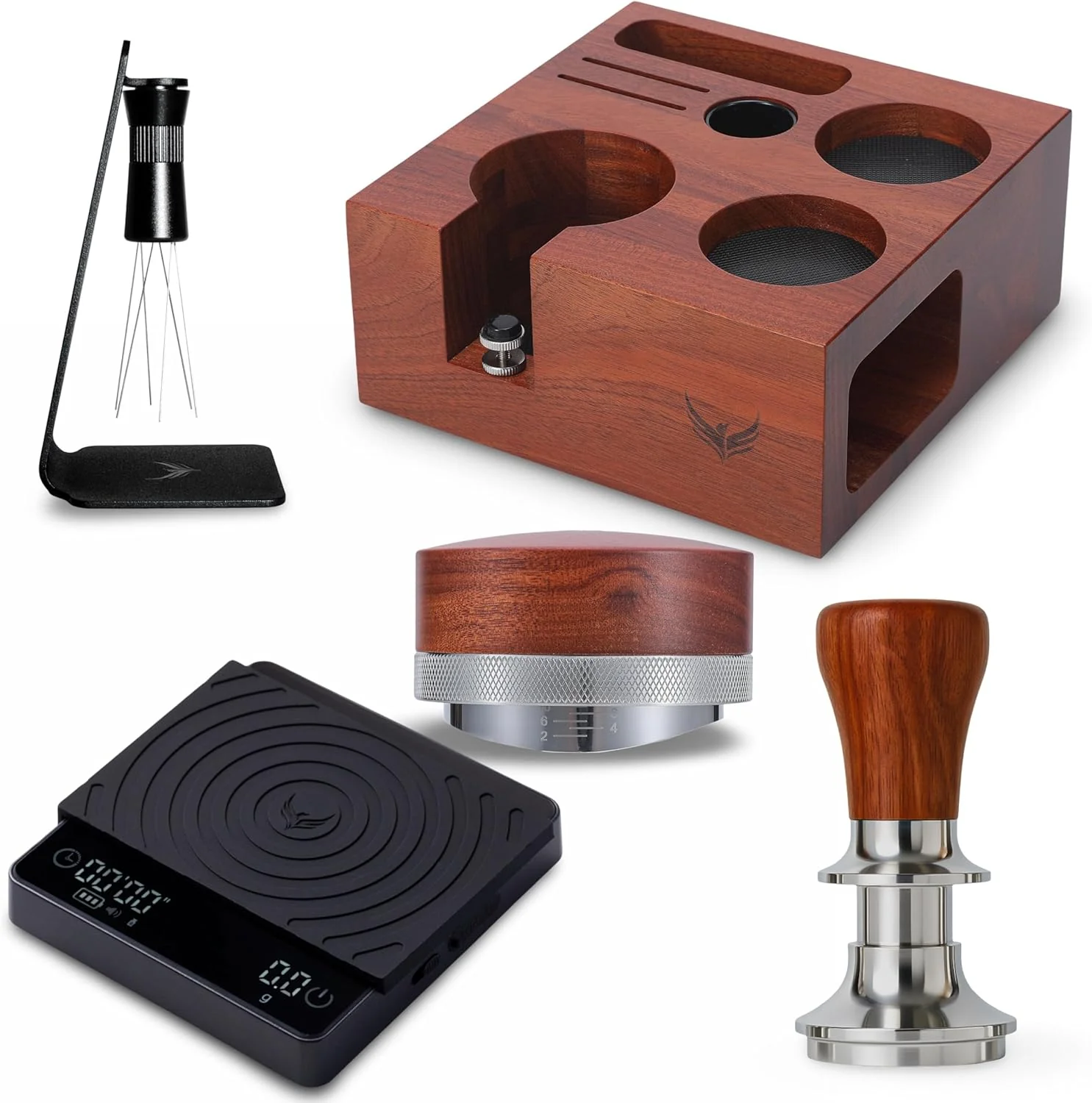 Safe 58mm Espresso Accessories Set – Tamping Station Calibrated Tamper Adjustable Coffee Distributor WDT Puck Prep Tool Scale for Rocket ECM Lelit Functional