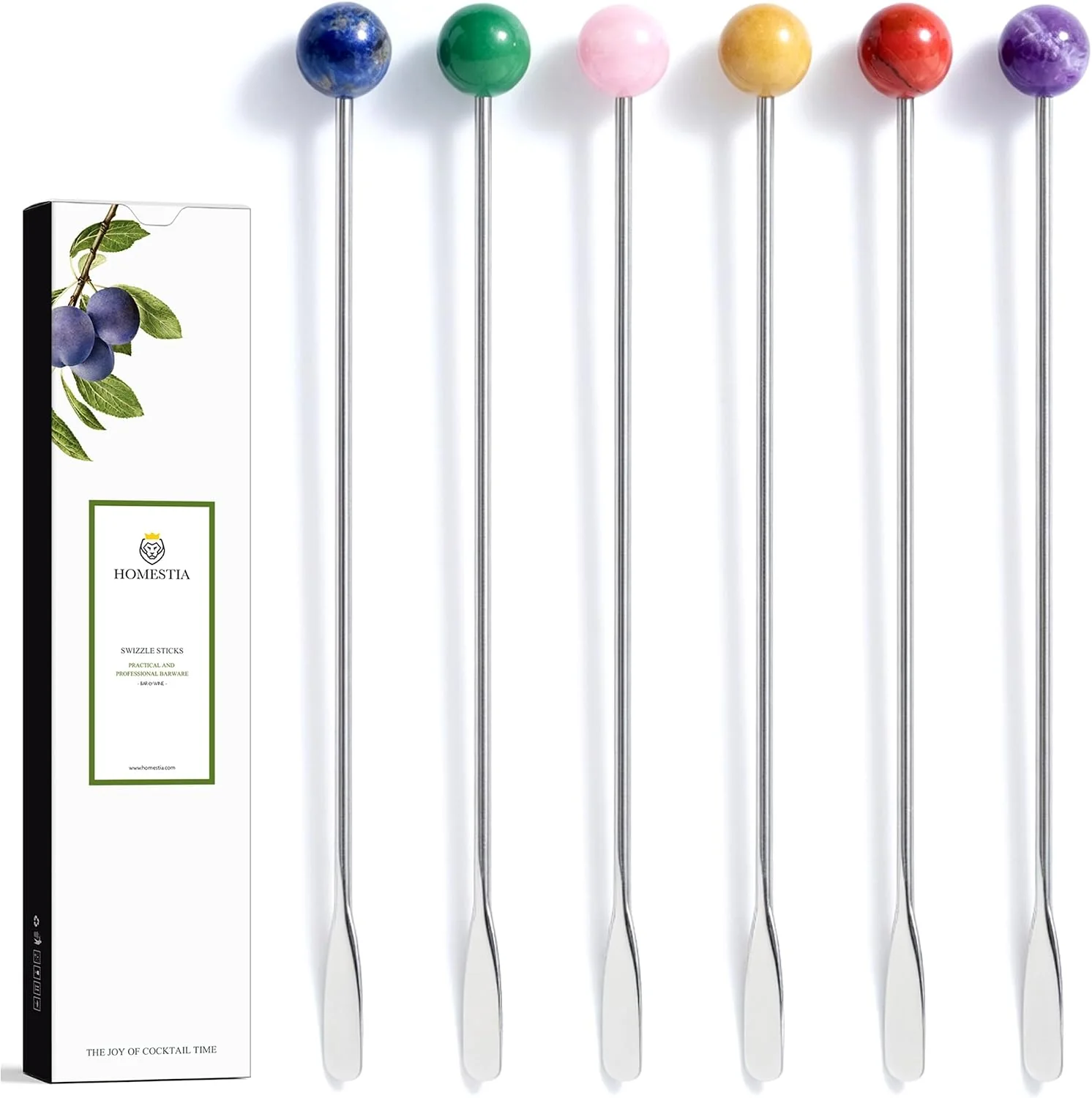 Homestia 6 Pcs 7.5'' Metal Stir Sticks Colorful Gemstone Cocktail Stirrers Reusable Stainless Steel Coffee Stirrer Drink Swizzle Sticks Natural Stone Decor Beverage Stir Stirring for Bars Home Use Exclusive