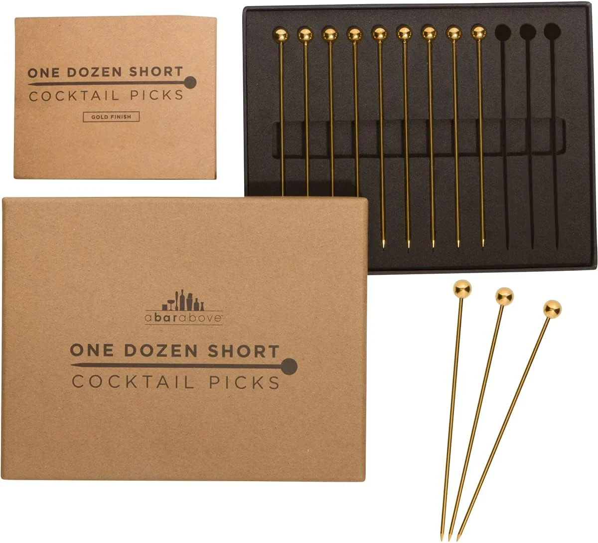 Environmentally Friendly A Bar Above Cocktail Picks 12 Short 4 Inch Stainless Steel Picks Gold Reusable Garnish Sticks For Martinis and Appetizers Olives and Shrimp Bar Accessory Party Serving Skewers Bar Cart Piece Elite