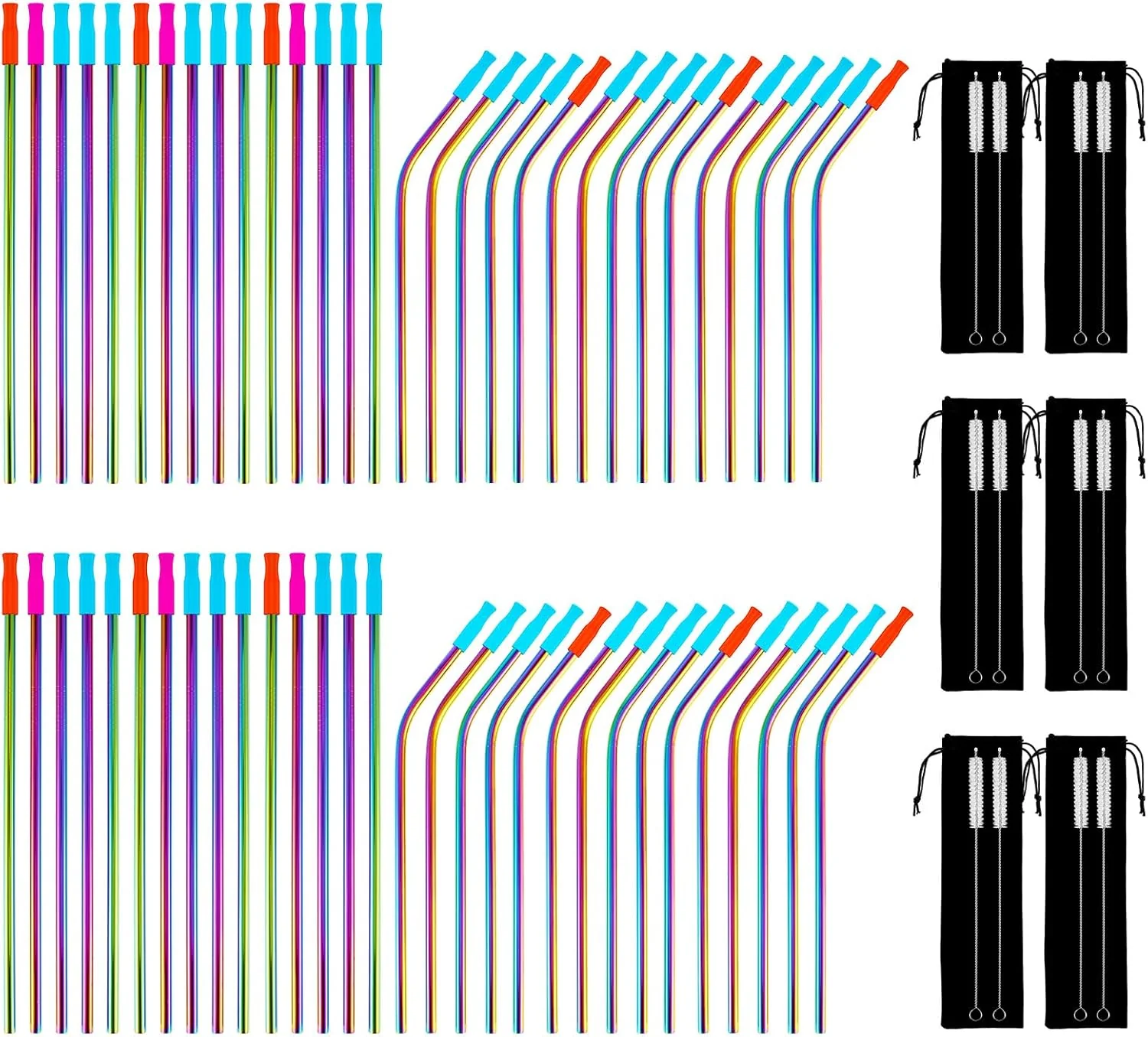 Elite 60 Pcs Color Reusable Metal Straws Stainless Steel Drinking Straws with 60 Silicone Tip 6 Travel Case and 12 Cleaning Brush Certified