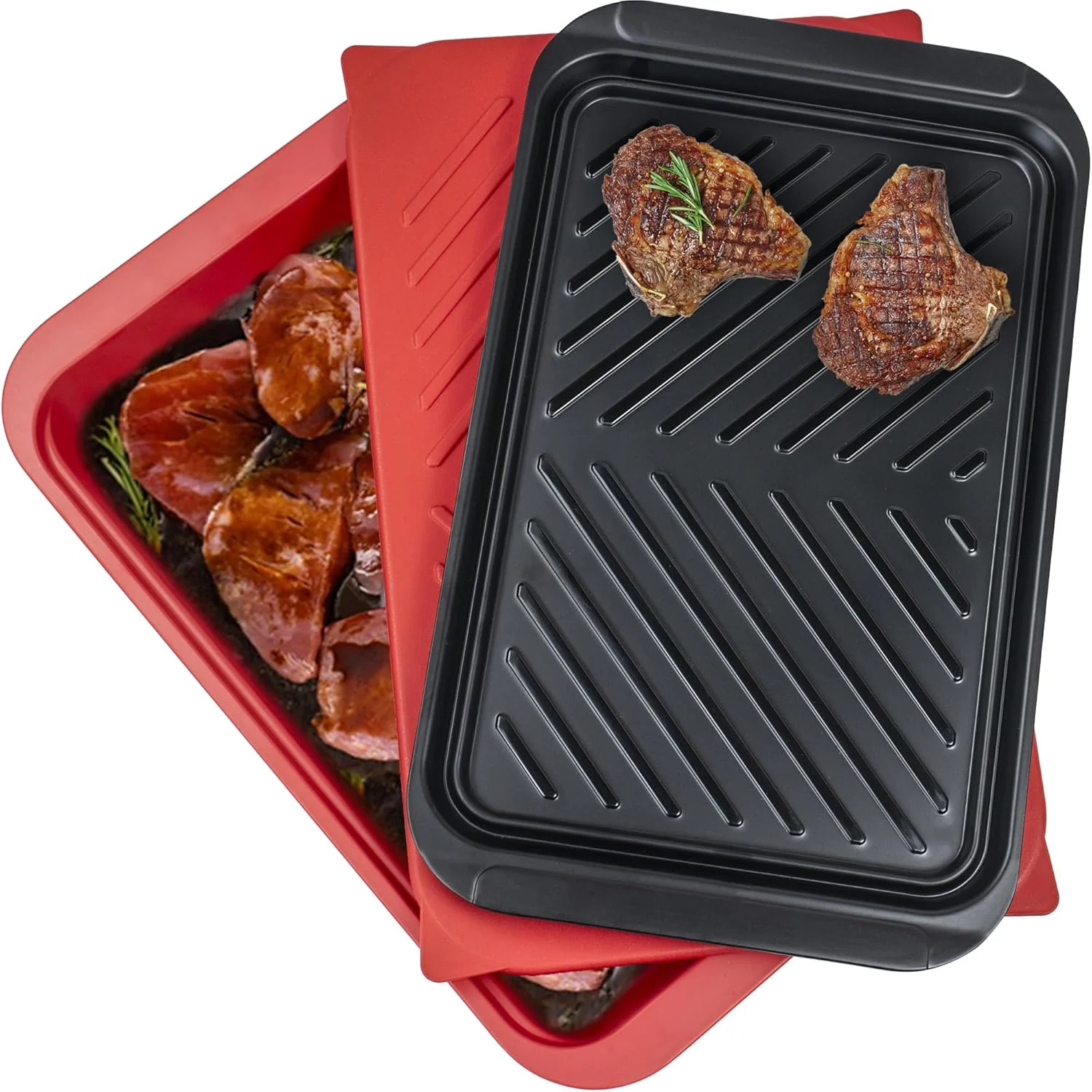 High-End Grilling Prep and Serving Tray with Lid BBQ Deep Tray for Marinating Raw and Cooked Food Melamine Serving Trays for Food Black and Red Durable