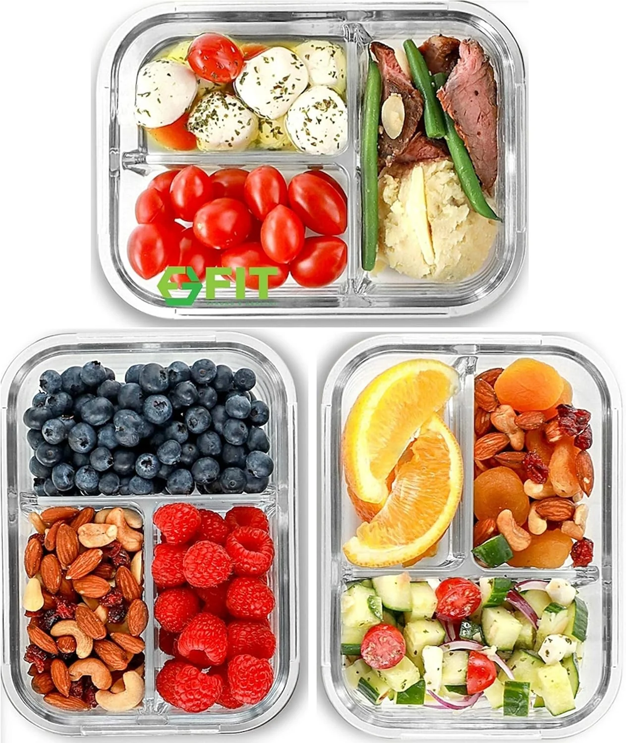 Official Glass Meal Prep Containers 3 Compartment 3 Pack 32 oz Leakproof Lids Blue Glass Bento Box for Portion Control Airtight Snap-Lock BPA- Microwave Oven zer Dishwasher Safe Lunch Containers Sophisticated