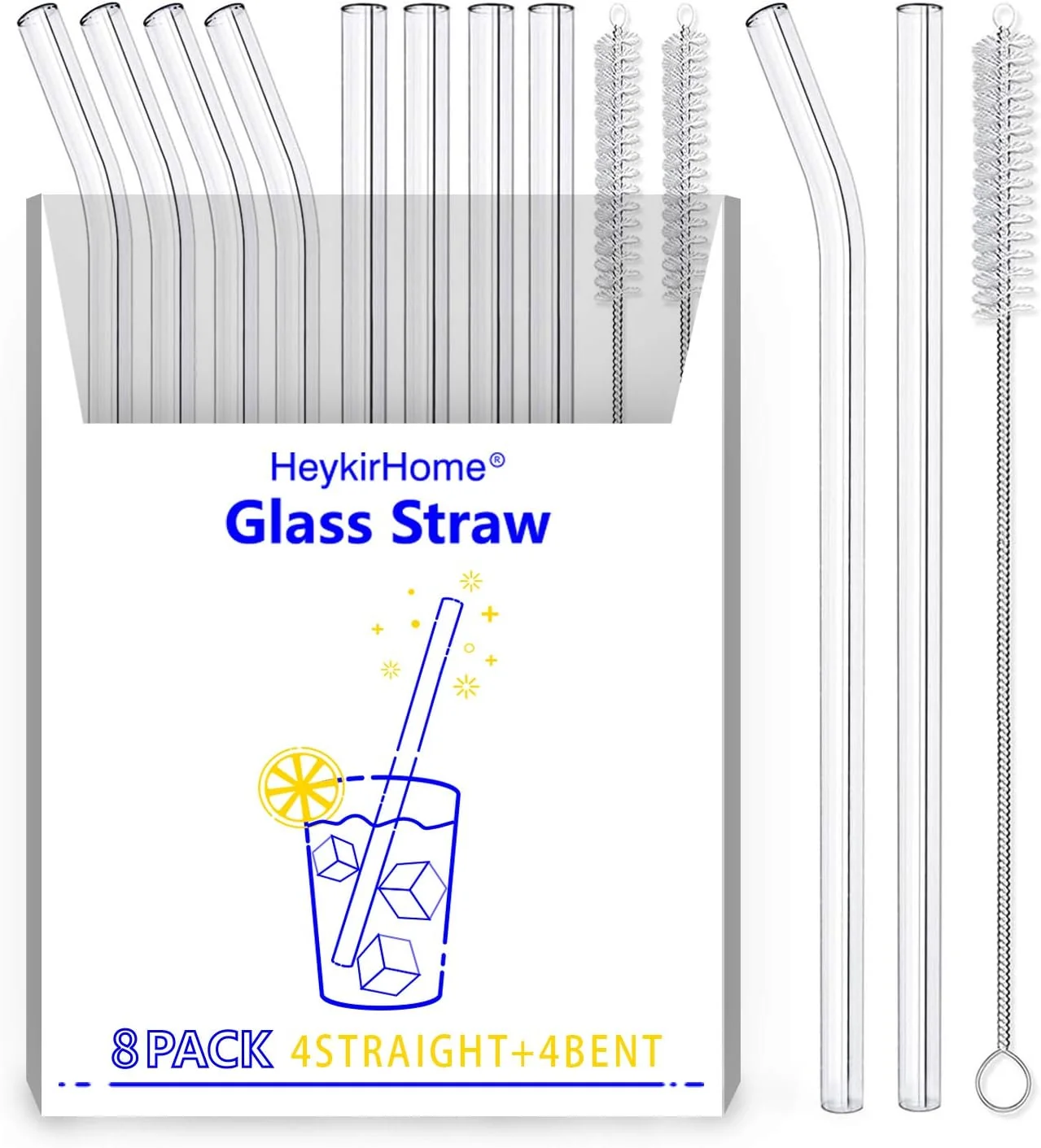 High-End 8-Pack Reusable Glass Straw Size 8.5''x10 MM Including 4 Straight and 4 Bent with 2 Cleaning Brush- For Smoothies Tea Juice Organic