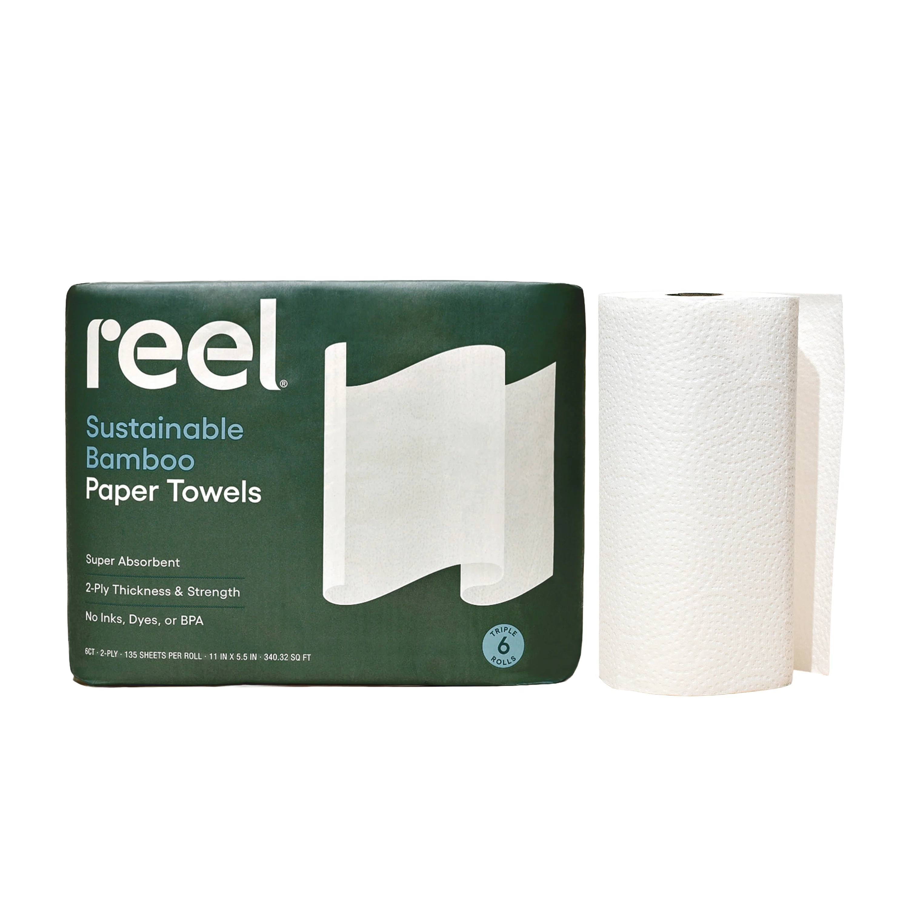 Powerful Reel Premium Bamboo Paper Towels - 135 2-Ply sheets per roll Pure