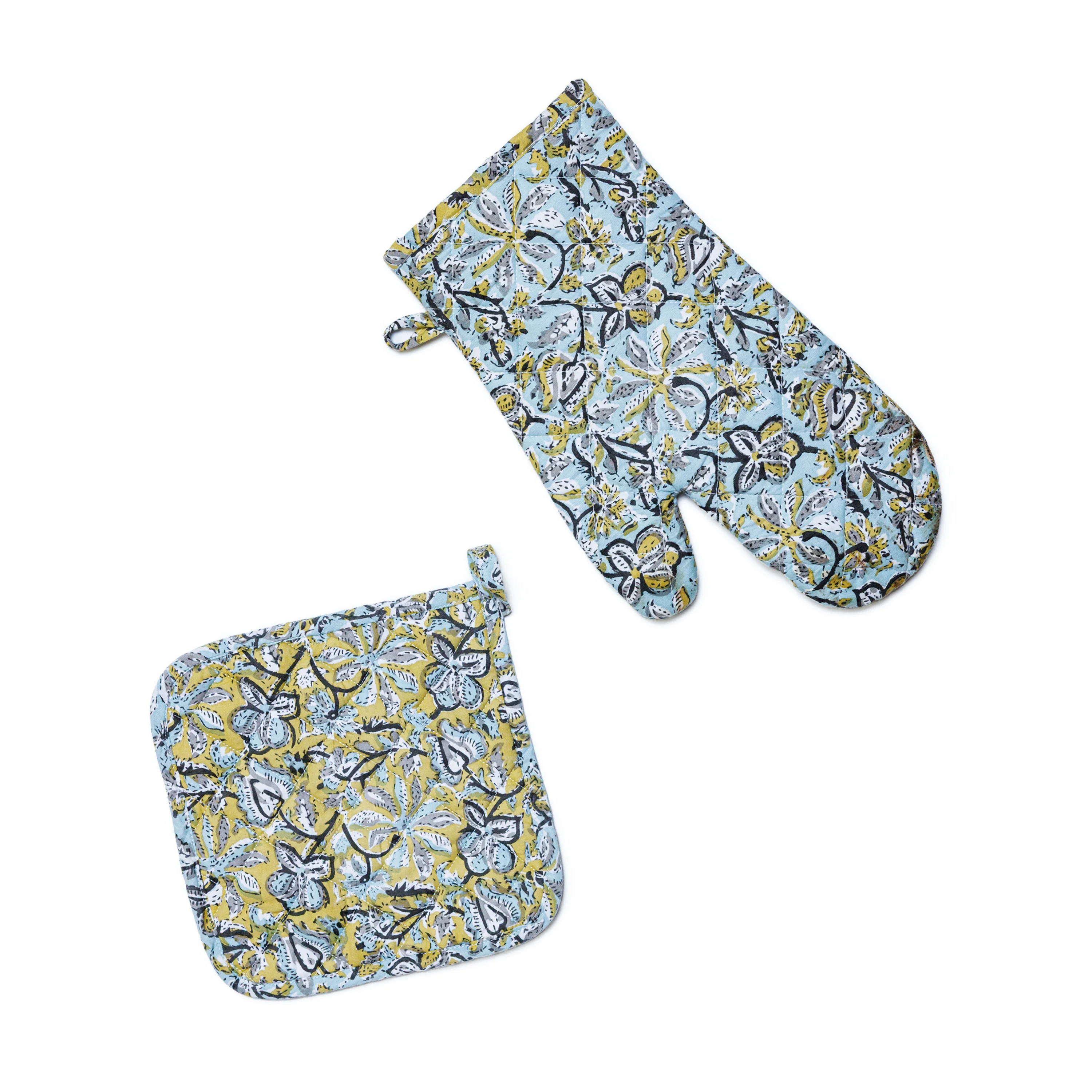 Organic Supra Endura Hand Block Printed Ovenmitt And Pot Holder Set Solid