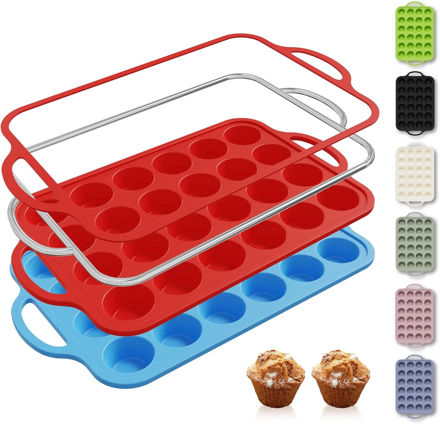 Effective 2 Packs 24 Cups Silicone Muffin Pan with Metal Reinforced Frame Mini Size Cupcake Pan Tray Egg Bites Silicone Circle Cookie Molds Muffin Tin Tart Pans Baking Sheet Set for Breakfast Sandwiches First-Class