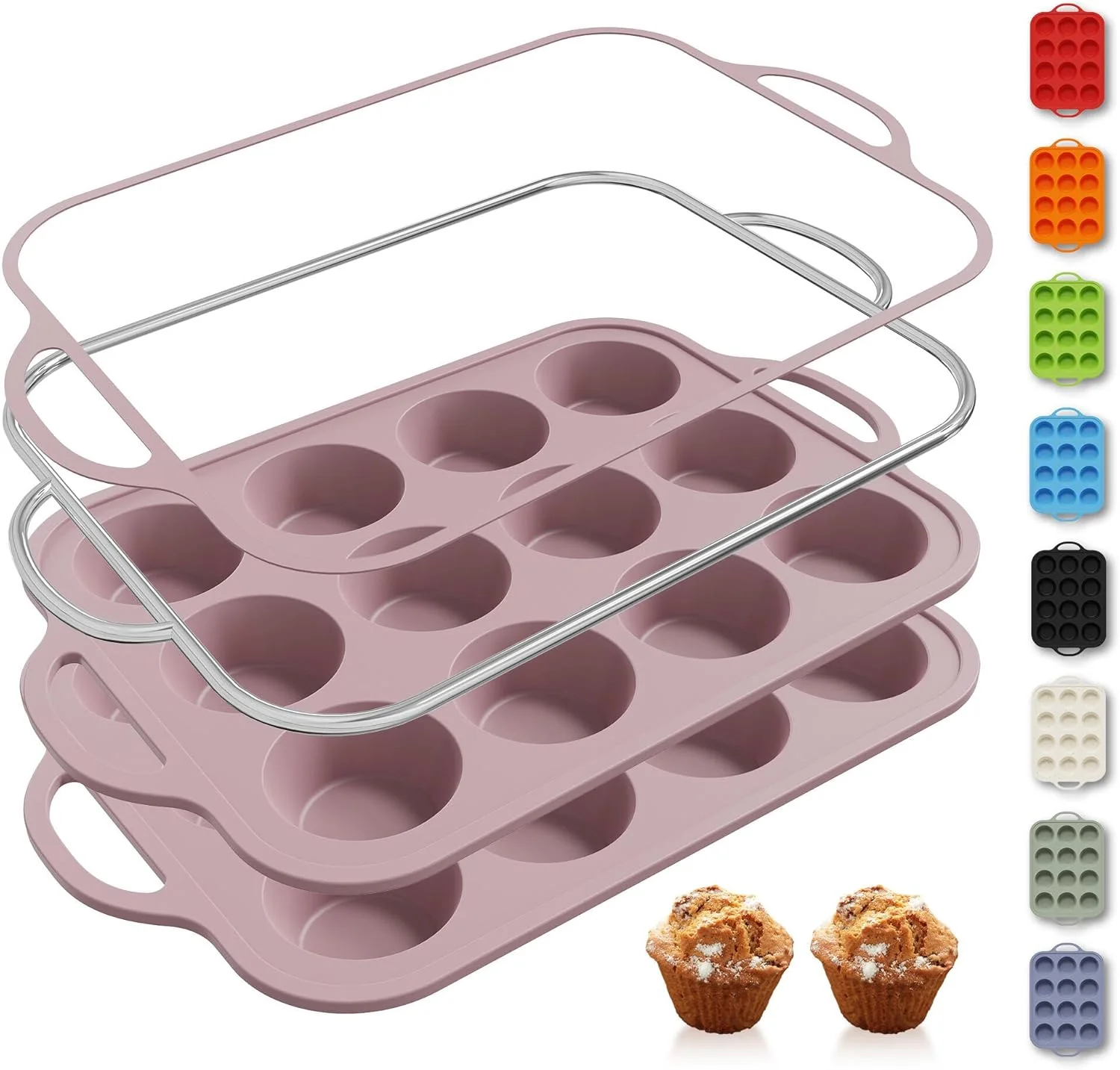 Healthy 2 Packs 12 Cups Silicone Muffin Pan with Metal Reinforced Frame Regular Size Cupcake Pan Tray Egg Bites Silicone Circle Cookie Molds Muffin Tin Tart Pans Baking Sheet Set for Breakfast Sandwiches Unique