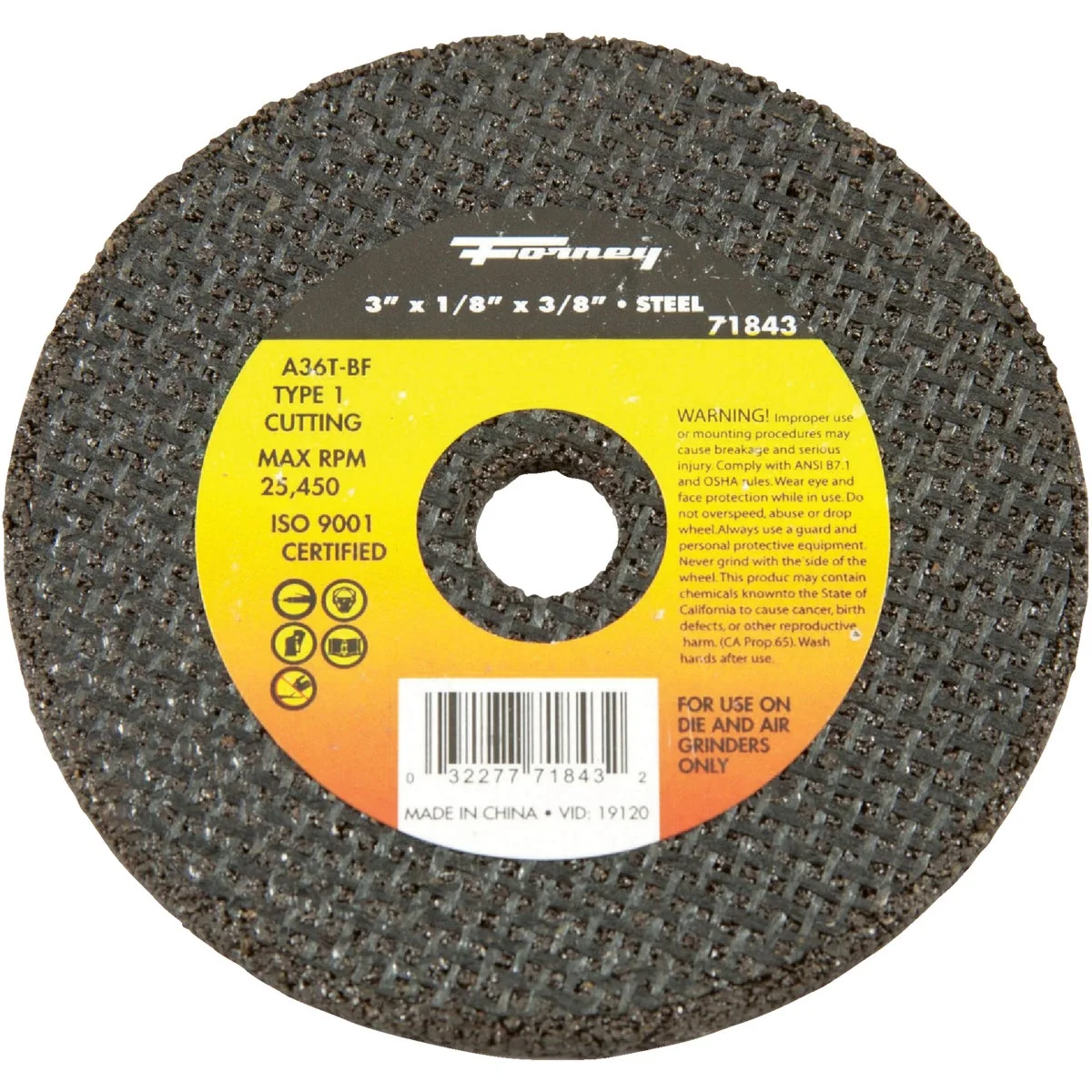 Certified Forney Type 1 3 In. x 1 8 In. x 3 8 In. Steel Cut-Off Wheel Detailed