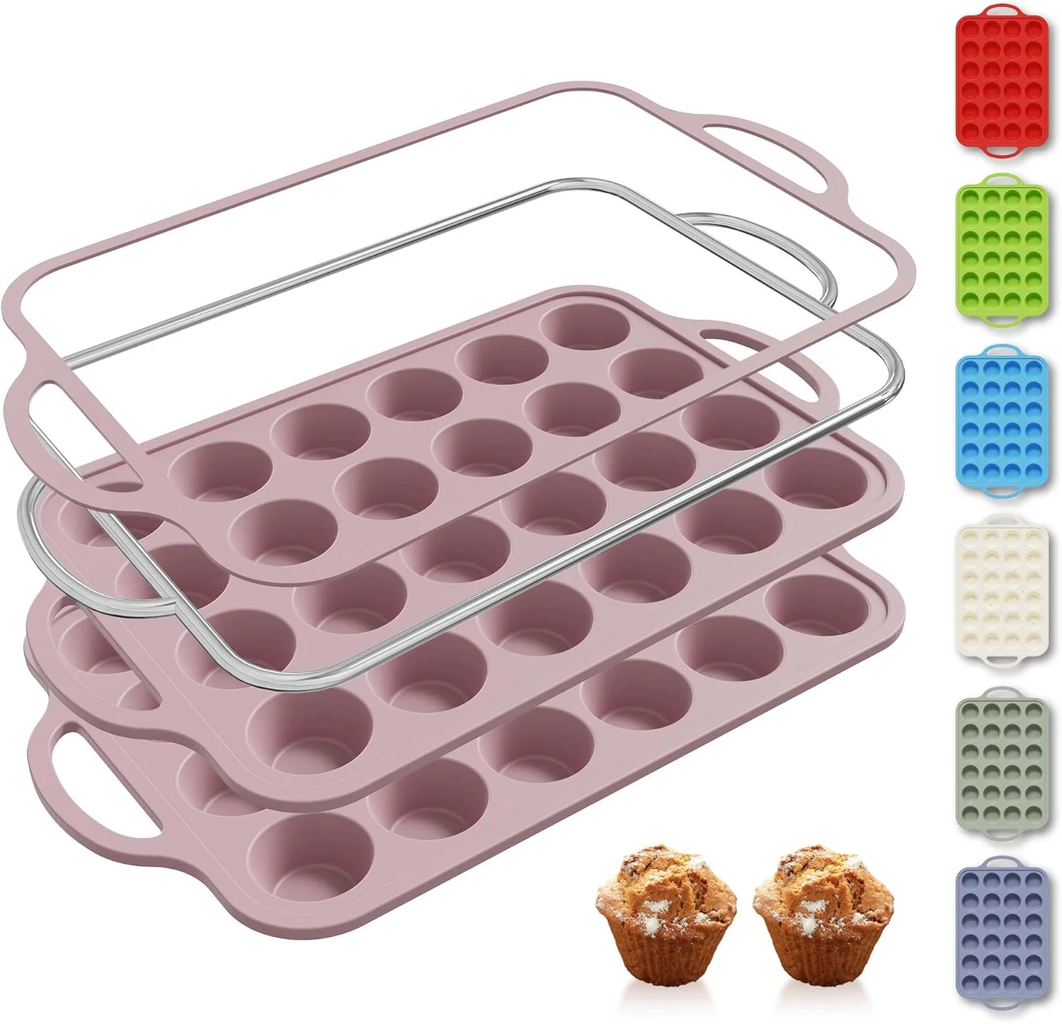 Trusted 2 Packs 24 Cups Silicone Muffin Pan with Metal Reinforced Frame Mini Size Cupcake Pan Tray Egg Bites Silicone Circle Cookie Molds Muffin Tin Tart Pans Baking Sheet Set for Breakfast Sandwiches Carefully Designed