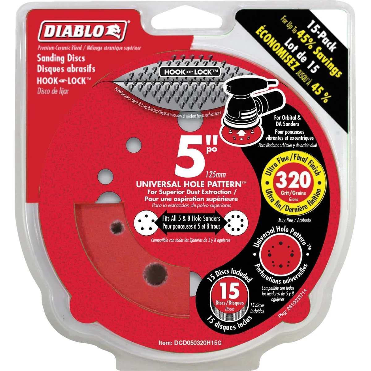 High-Quality Diablo 5 In. 320-Grit Universal 12-Hole Vented Sanding Disc with Hook and Lock Backing 15-Pack Consistent