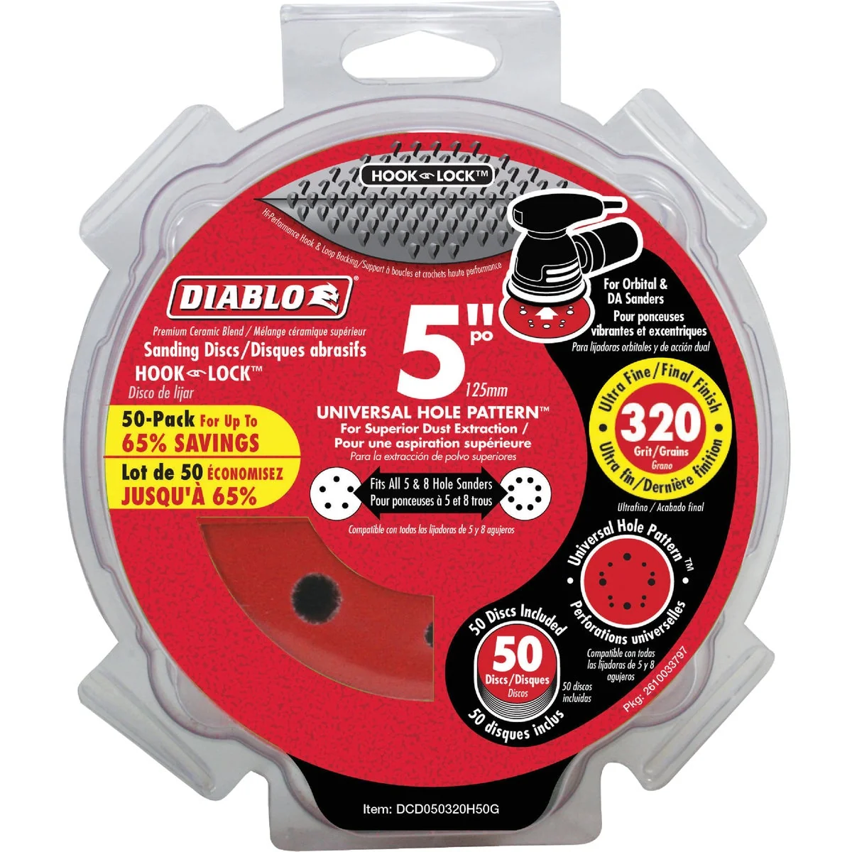 Genuine Diablo 5 In. 320-Grit Universal 12-Hole Vented Sanding Disc with Hook and Lock Backing 50-Pack Recyclable