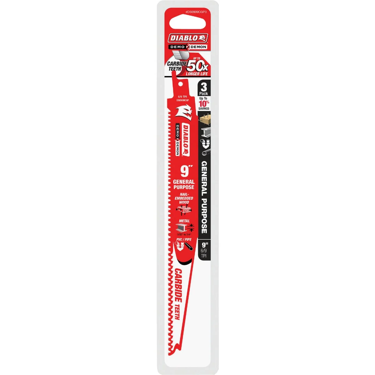 Natural Diablo Demo Demon 9 In. 6 9 TPI Carbide General Purpose Reciprocating Saw Blade 3-Pack Functional