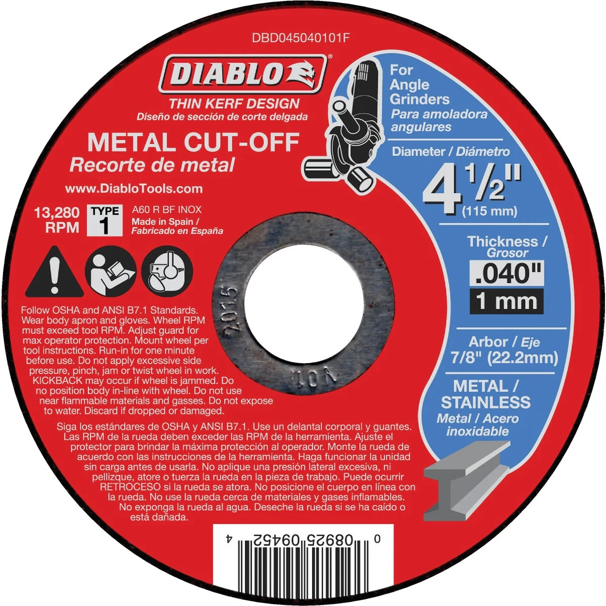 Fast Diablo Type 1 4-1 2 In. x 0.040 In. x 7 8 In. Metal Cut-Off Wheel Organic
