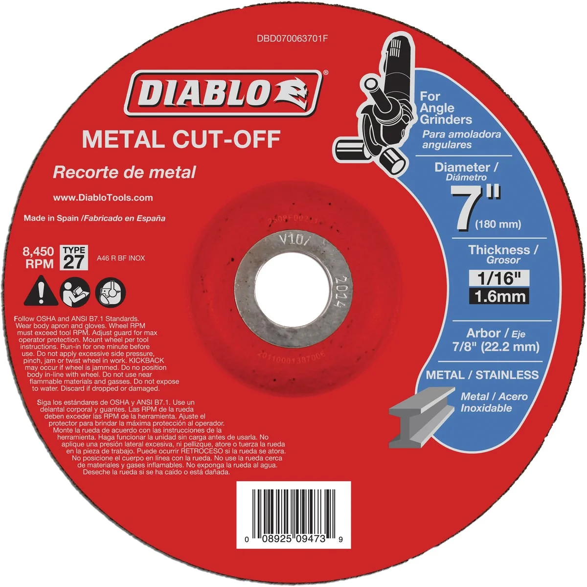 User-Friendly Diablo Type 27 7 In. x 1 16 In. x 7 8 In. Metal Cut-Off Wheel Convenient