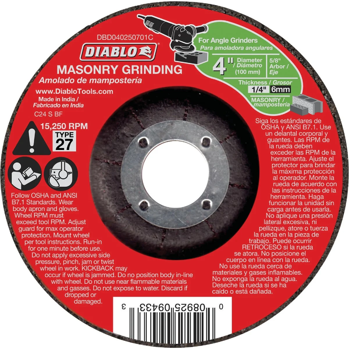 Reusable Diablo Type 27 4 In. x 1 4 In. x 5 8 In. Masonry Grinding Cut-Off Wheel Long-Lasting