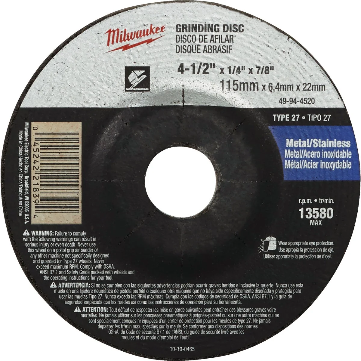Fine Milwaukee Type 27 4-1 2 In. x 1 4 In. x 7 8 In. Metal Stainless Grinding Cut-Off Wheel Flexible